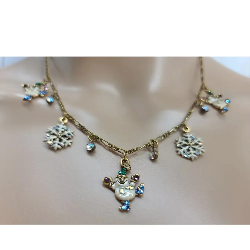 Vintage Anne Koplik Snowman & Snowflake Charm Necklace Antique Gold Tone Chain - Picture 4 of 6